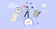 Essence of time management and work productivity tiny person neubrutalism concept. Effective and productive task organization with deadlines and focus to business goals vector illustration.