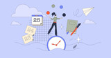 Fototapeta  - Essence of time management and work productivity tiny person neubrutalism concept. Effective and productive task organization with deadlines and focus to business goals vector illustration.