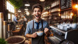  joyful hipster man barista, with smile that reflects the welcoming nature