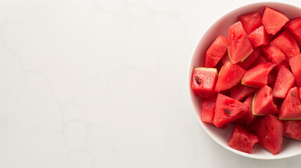 Sticker - Watermelon chunks in a bowl on a white table top view space on the left