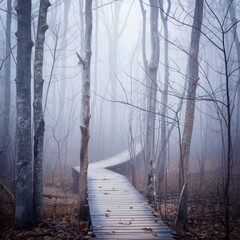 Wall Mural - A path through a forest with a foggy sky above