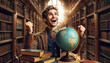 joyful scientist, geographer, traveler with globe against background of bookshelves in library