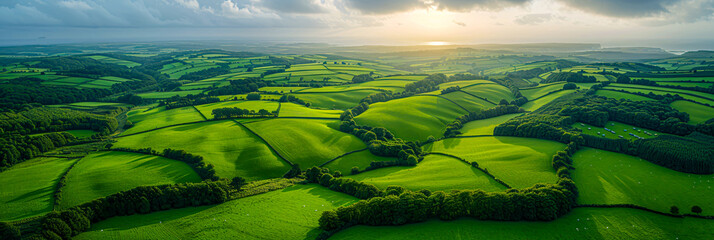 Green Hills and Fields in Summer, Scenic Agricultural Landscape, Rural Countryside View