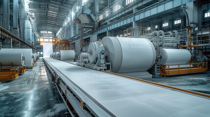 Poster - Modern paper factory, paper. Generative AI.
