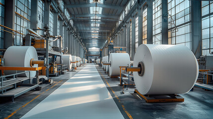 Poster - Modern paper factory, paper. Generative AI.