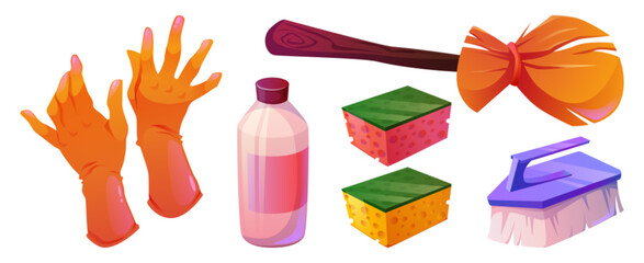 Household clean supplies. Broom and brush icon. Home cleaner equipment set. Bottle, sponge, broomstick and laundry stuff isolated tools kit. Housekeeping chemical hygiene object design for bathroom