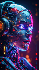 Poster - an artificial intelligence robot with headphones and colorful glowing elements on a dark background