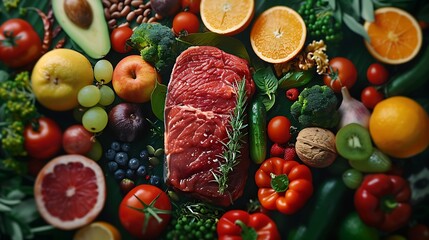  Balanced diet food background, Organic food for healthy nutrition, superfoods, meat, fish, legumes, nuts, seeds and greens 