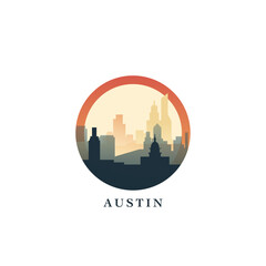 Wall Mural - Austin cityscape, vector gradient badge, flat skyline logo, icon. USA, Texas state city round emblem idea with landmarks and building silhouettes. Isolated abstract graphic