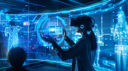 Poster - A woman wearing a virtual reality headset is interacting with a computer screen. Concept of immersion and excitement, as the woman is fully engaged in the virtual world