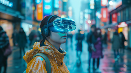 Poster - a scene of individuals wearing augmented reality (AR) glasses, interacting with digital overlays that enhance their everyday experiences, from personalized navigation cues to virtual companions.