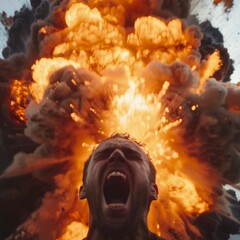 Canvas Print - A man is screaming in front of a huge explosion