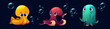 Cute octopus character. Sea baby squid cartoon. Funny animal with tentacle drawing clipart. Underwater kraken monster in red and orange. Invertebrate friendly ocean creature game asset collection