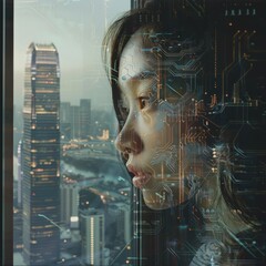 Wall Mural - A woman is looking out of a window at a cityscape