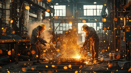 Poster - Workers in a shed, doing heavy work with lots of steel, sparks and heavy tools. Generative AI.