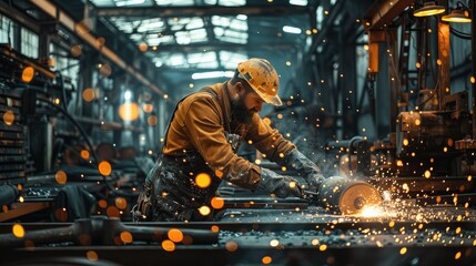 Poster - Workers in a shed, doing heavy work with lots of steel, sparks and heavy tools. Generative AI.