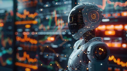 Sticker - Trading robot standing and analyzing a crypto trading chart, symbolizing the integration and use of artificial intelligence for stock market analysis. Generative AI.