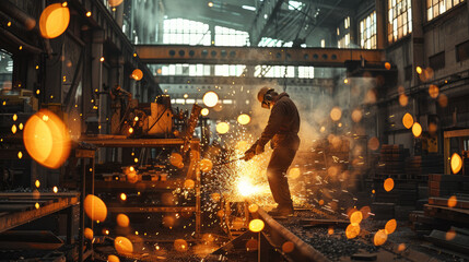 Poster - Workers in a shed, doing heavy work with lots of steel, sparks and heavy tools. Generative AI.