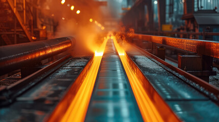Poster - Steel plant tower furnace, There is a roll of steel bar on the conveyor belt. Generative AI.