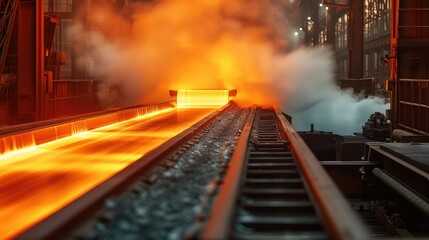 Poster - Steel plant tower furnace, There is a roll of steel bar on the conveyor belt. Generative AI.