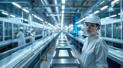 Poster - Production line, is testing a semiconductor circuit version, spatial sense. Generative AI.