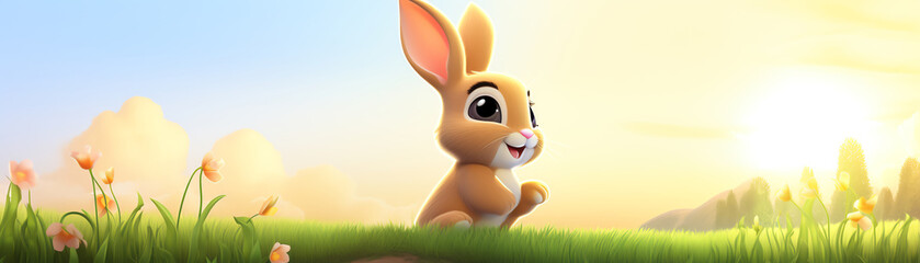 Baby bunny sitting in a meadow, soft fur glowing in the golden light of sunset, charming and peaceful
