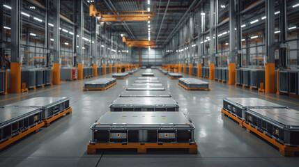 Poster - modern batteries for electric cars stored in a warehouse