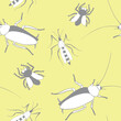 Vector seamless pattern of insect pests - oriental cockroaches, flies, mosquitoes. Light background and pest control texture.