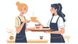 Waitress serving a customer coffee on a tray Hand drawn