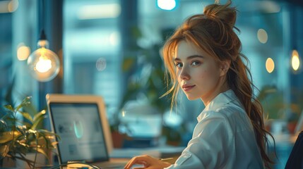 Poster - Side view. Beautiful office lady working in the office room. Generative AI.