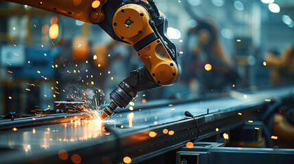 Fototapete - Robotic arm welding. Generative AI.