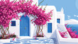 White cycladic architecture with blue door and pink