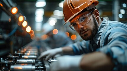 Poster - Worker working in machinery for manufacturing. Generative AI.