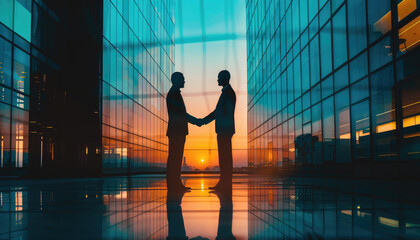 Wall Mural - Two men shake hands in front of a building