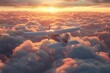 An airplane soaring above a blanket of fluffy clouds at sunset.
