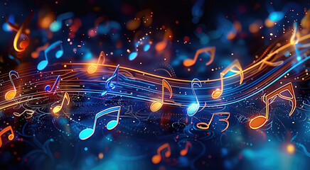 Aufkleber - Vibrant musical notes, dark background. Generative AI.