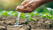 The farmer pours water on the dry ground with his hand. Farming, farmland and irrigation concept.