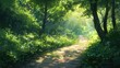 A winding pathway through a lush forest, dappled sunlight filtering through the leaves overhead, inviting the viewer to explore.