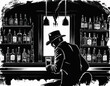A sad man in a hat sits at a bar and drinks whiskey.