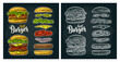 Double and classic burger with flying ingredients include bun, tomato, salad, cheese, onion, cucumber. Best burger lettering. Vector color vintage engraving illustration isolated on dark