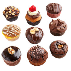 Wall Mural - Assorted cakes like muffin tea cake chocolate cake and walnut cake displayed on a transparent background