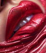 Closeup photo of juicy lips with sparkling lip gloss.