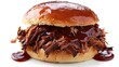 Delectable pulled pork served on a fluffy bun, highlighted by its slow-cooked, tender texture and smoky barbecue sauce, isolated for advertising