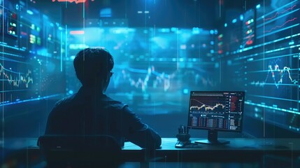 Poster - Trader is trading spot cryptocurrency market, blue background with data price charts. Generative AI.
