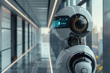 Poster - Close-up of a sophisticated robot with glowing features in an office environment, depicting state-of-the-art technology