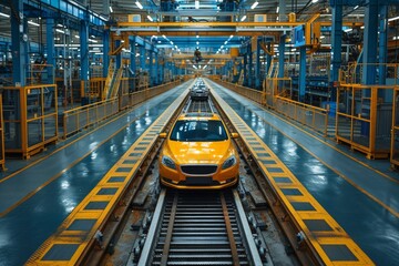 Poster - An orange sports car on a modern car assembly line in an automotive factory, showcasing industrial automation