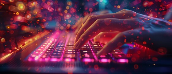 Poster - Close-up image of hands typing on a laptop keyboard with dramatic neon lighting and digital effects