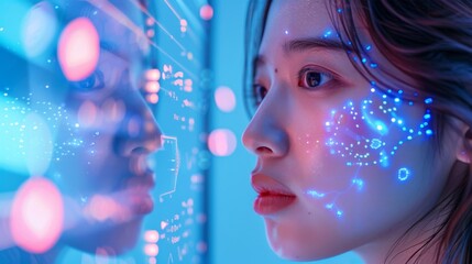 Poster - A side profile of a digital human face with blue light effects emanating from it