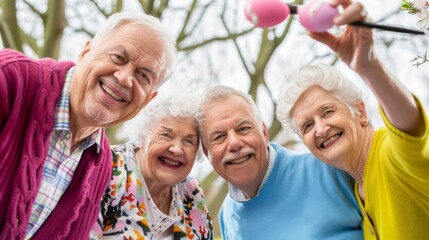 Sticker - Children playing with Easter Eggs. Active seniors. Having fun in old age