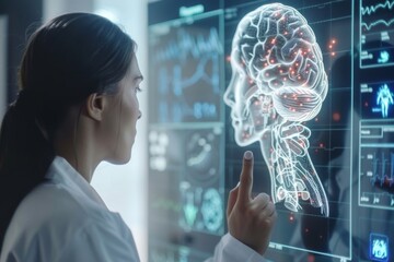 Poster - Female scientist examines advanced brain scan displayed on the interactive touchscreen in a modern research facility